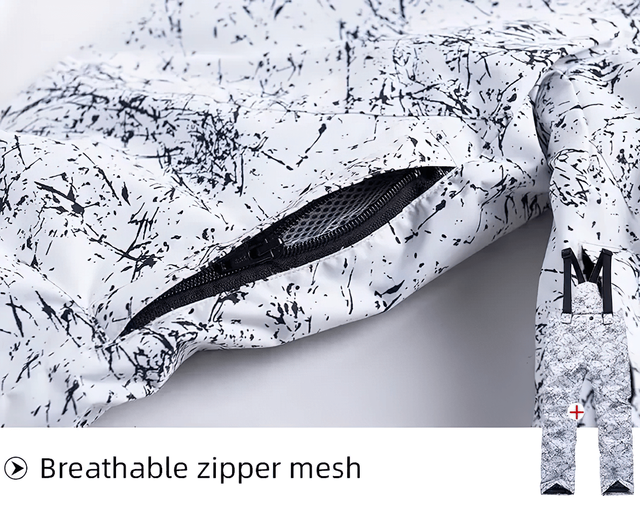 Close-up of Kids Windproof and Waterproof Ski Bib Pants - SF3730 showing breathable zipper mesh detail.