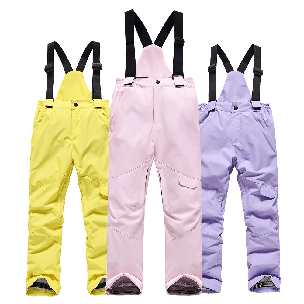 Kids Windproof and Waterproof Ski Bib Pants - SF3730 in yellow, pink, and purple colors for winter snowboarding.