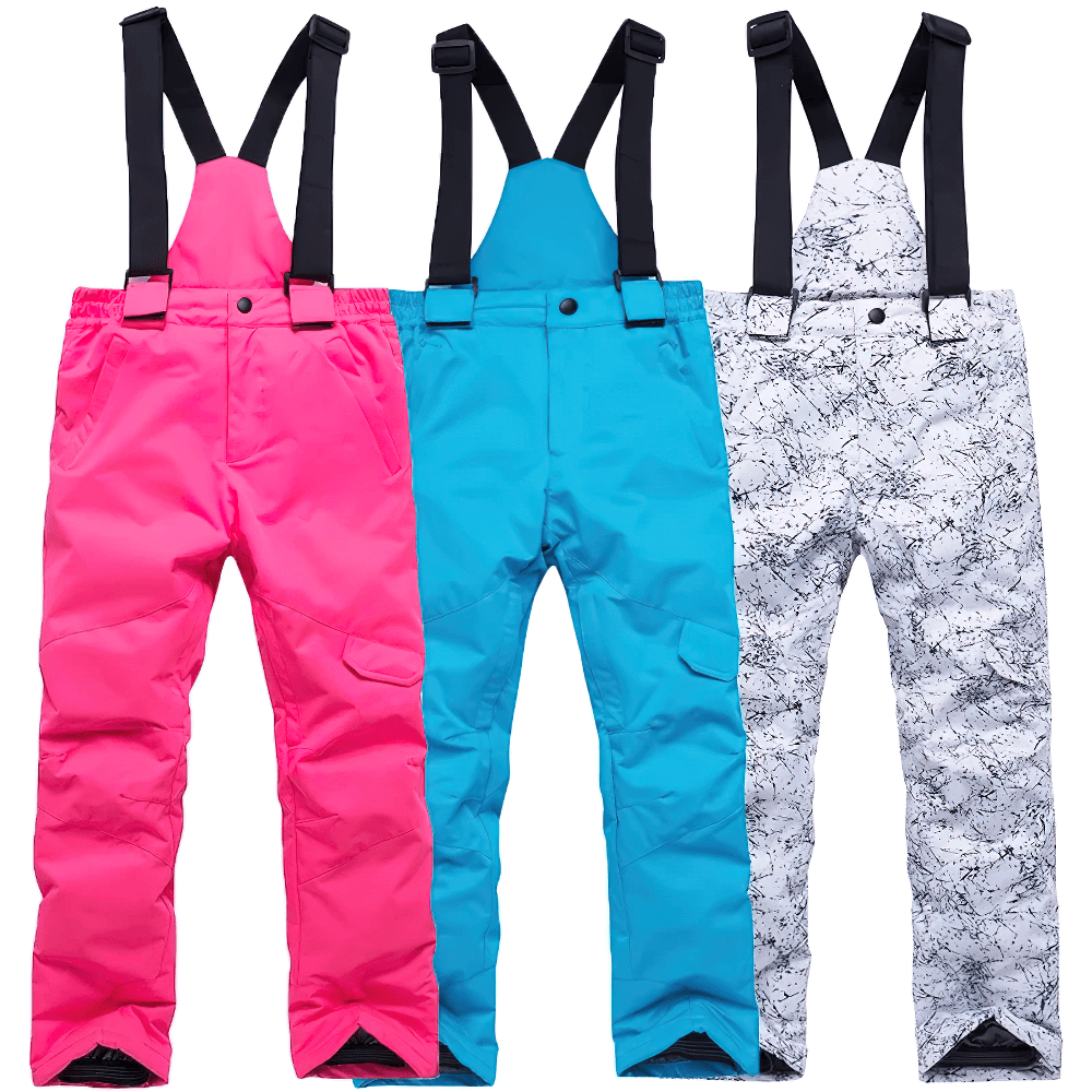 Kids Windproof and Waterproof Ski Bib Pants - SF3730 in pink, blue, and white for winter sports adventure