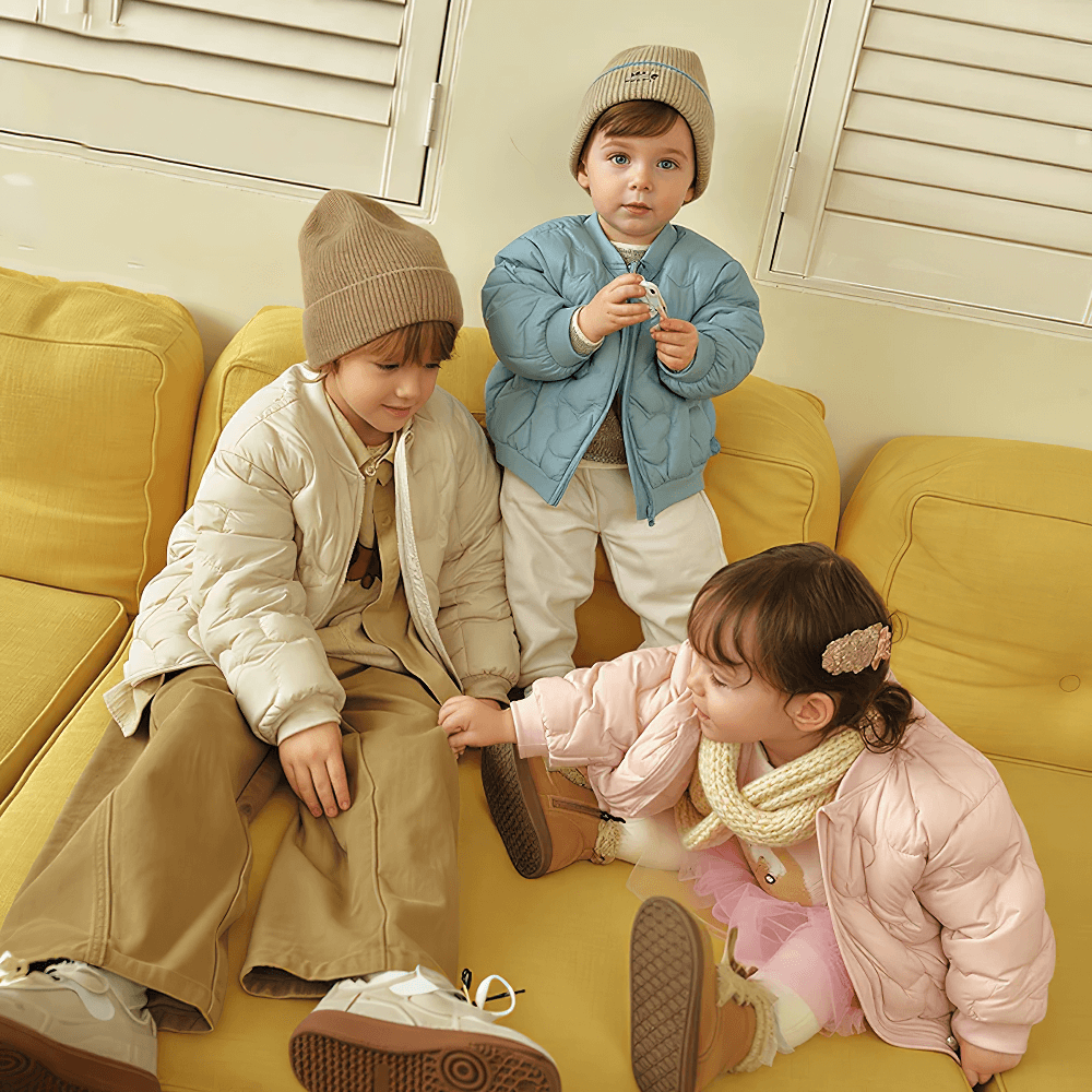 Kids wearing Kids Windproof Down Jacket with Cloud Design - SF3703, showcasing playful quilted pattern and cozy comfort for chilly days.