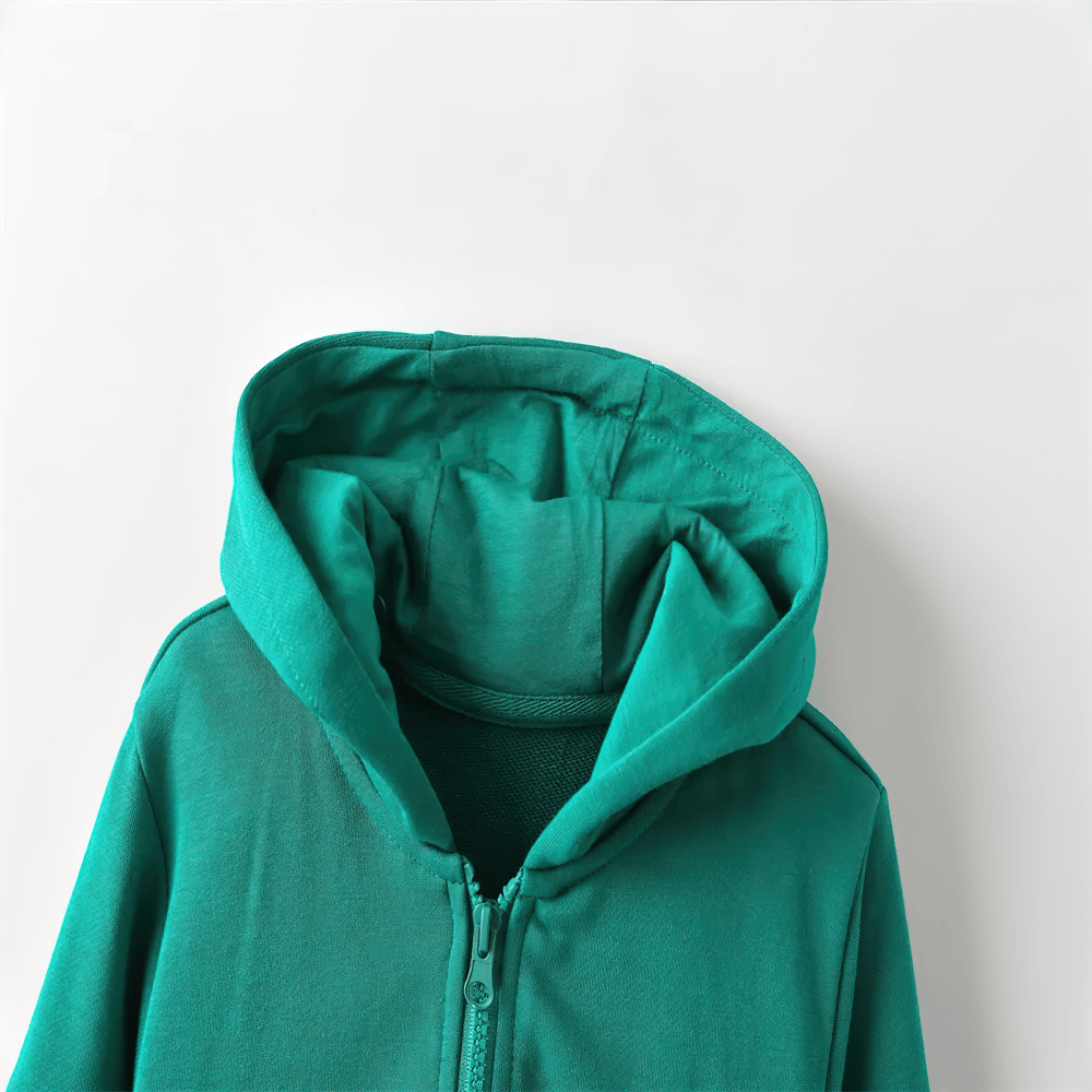Kids Zip Hoodie with Stripe Sleeves and Soft Hood - SF3761, vibrant green hood shown with soft texture, ideal for children’s activewear.