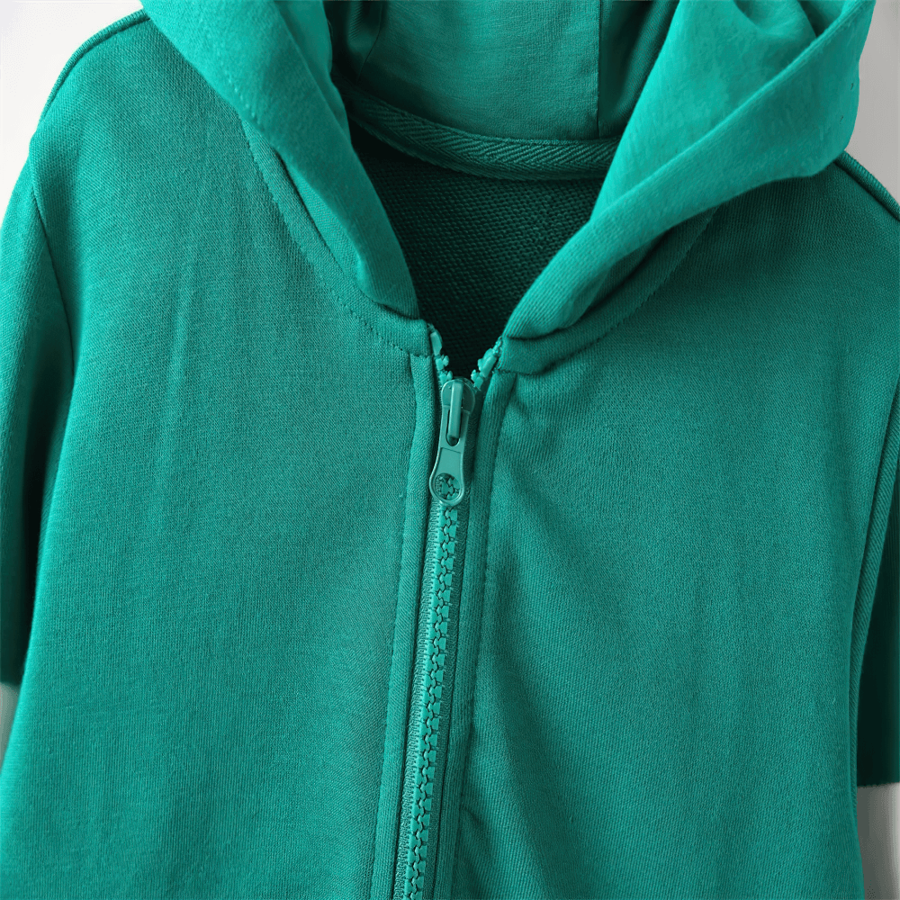 Close-up of Kids Zip Hoodie with Stripe Sleeves and Soft Hood - SF3761 in teal, showcasing the soft hood and front zipper.