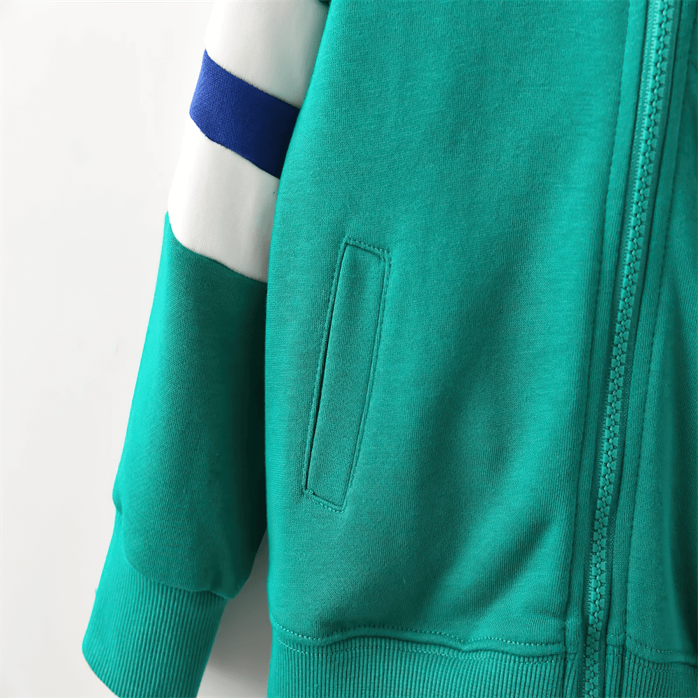 Close-up of Kids Zip Hoodie with Stripe Sleeves and Soft Hood - SF3761, showcasing green fabric and bold sleeve stripes.