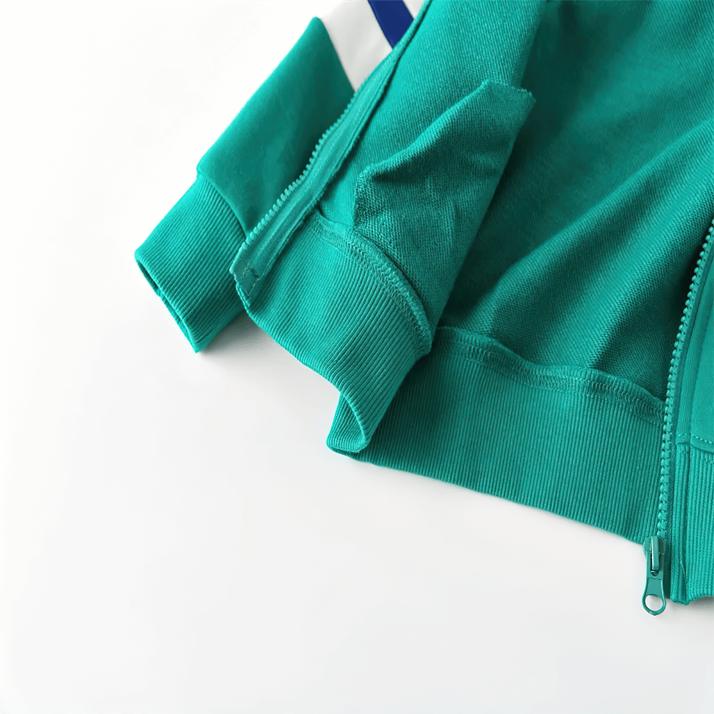 Close-up of Kids Zip Hoodie with Stripe Sleeves and Soft Hood - SF3761 showing ribbed cuffs and part of the zipper in green color.