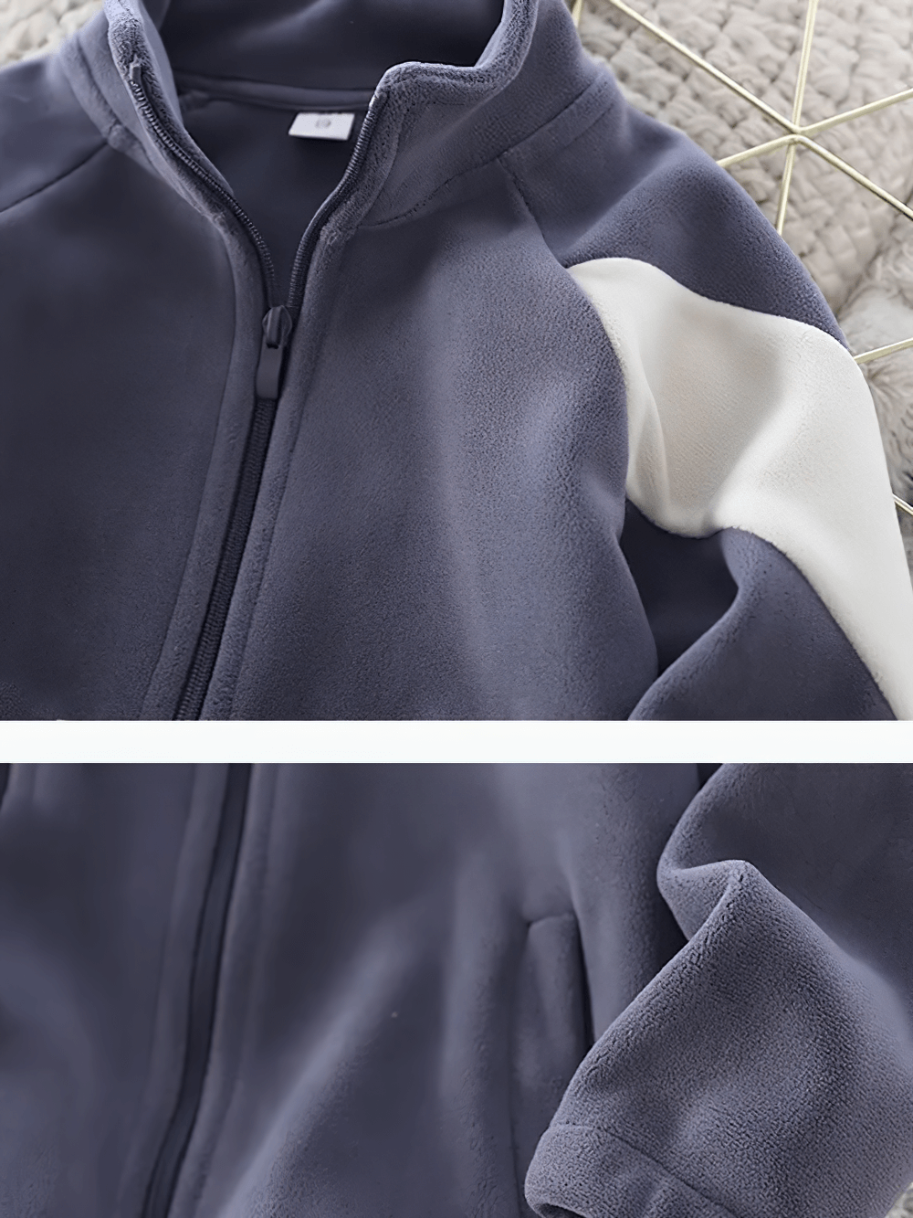 Close-up of Kids Zip Polar Fleece Jacket with Stand Collar - SF3843 featuring spliced sleeves and cozy fleece fabric.