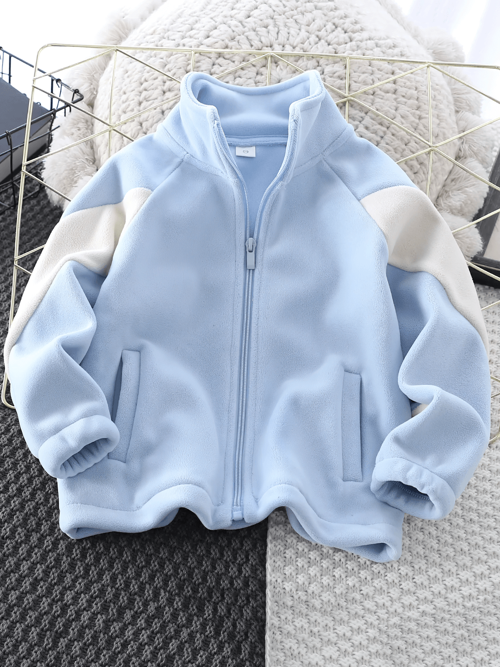 Kids Zip Polar Fleece Jacket with Stand Collar - SF3843 in light blue on fabric backdrop.