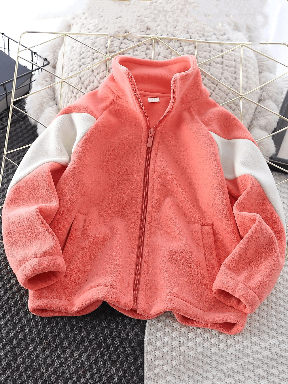 Kids Zip Polar Fleece Jacket with Stand Collar - SF3843 in coral pink with white spliced sleeves, perfect for chilly days.