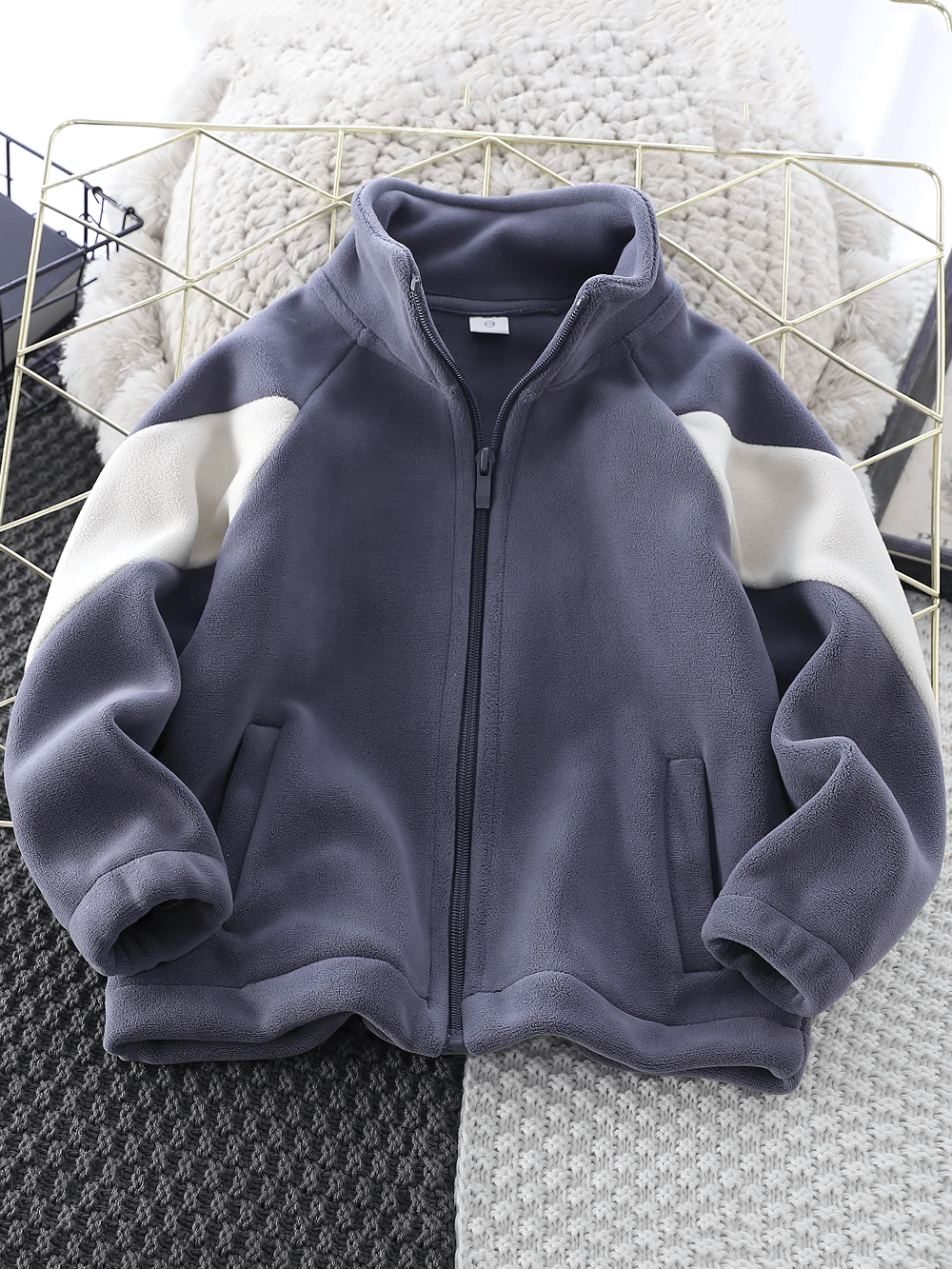 Kids Zip Polar Fleece Jacket with Stand Collar - SF3843, casual spliced design, soft and warm for daily wear with side pockets.