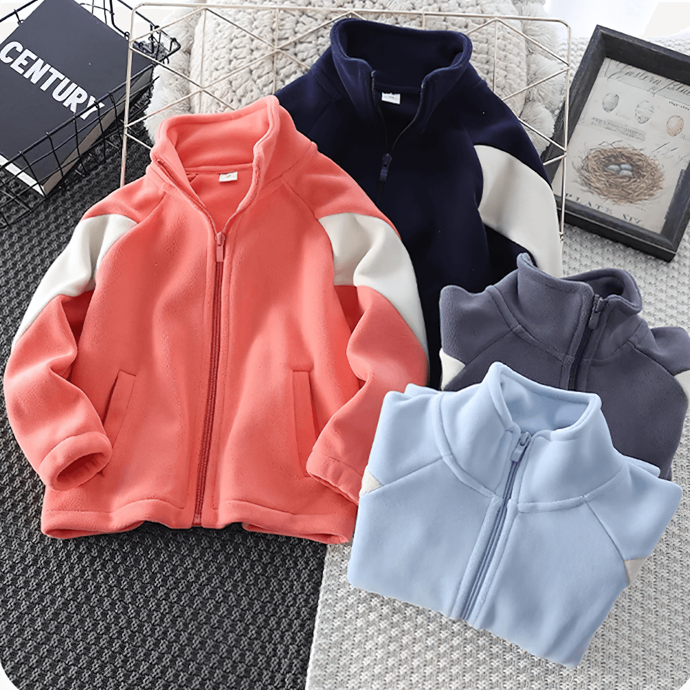 Colorful display of Kids Zip Polar Fleece Jacket with Stand Collar - SF3843 in orange, navy, gray, and light blue on a cozy backdrop.