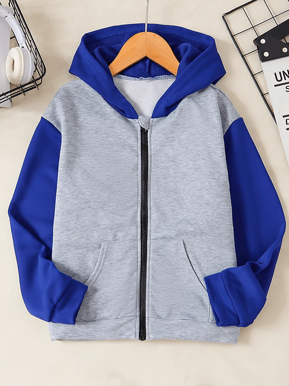 Kid's Zip-up Hoodie with Contrast Sleeves - SF3666, featuring bold color block design and kangaroo pockets for comfort and style.