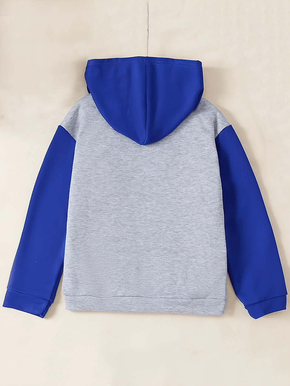 Kid's Zip-up Hoodie with Contrast Sleeves - SF3666, grey body with bold blue sleeves and hood, displayed from the back.