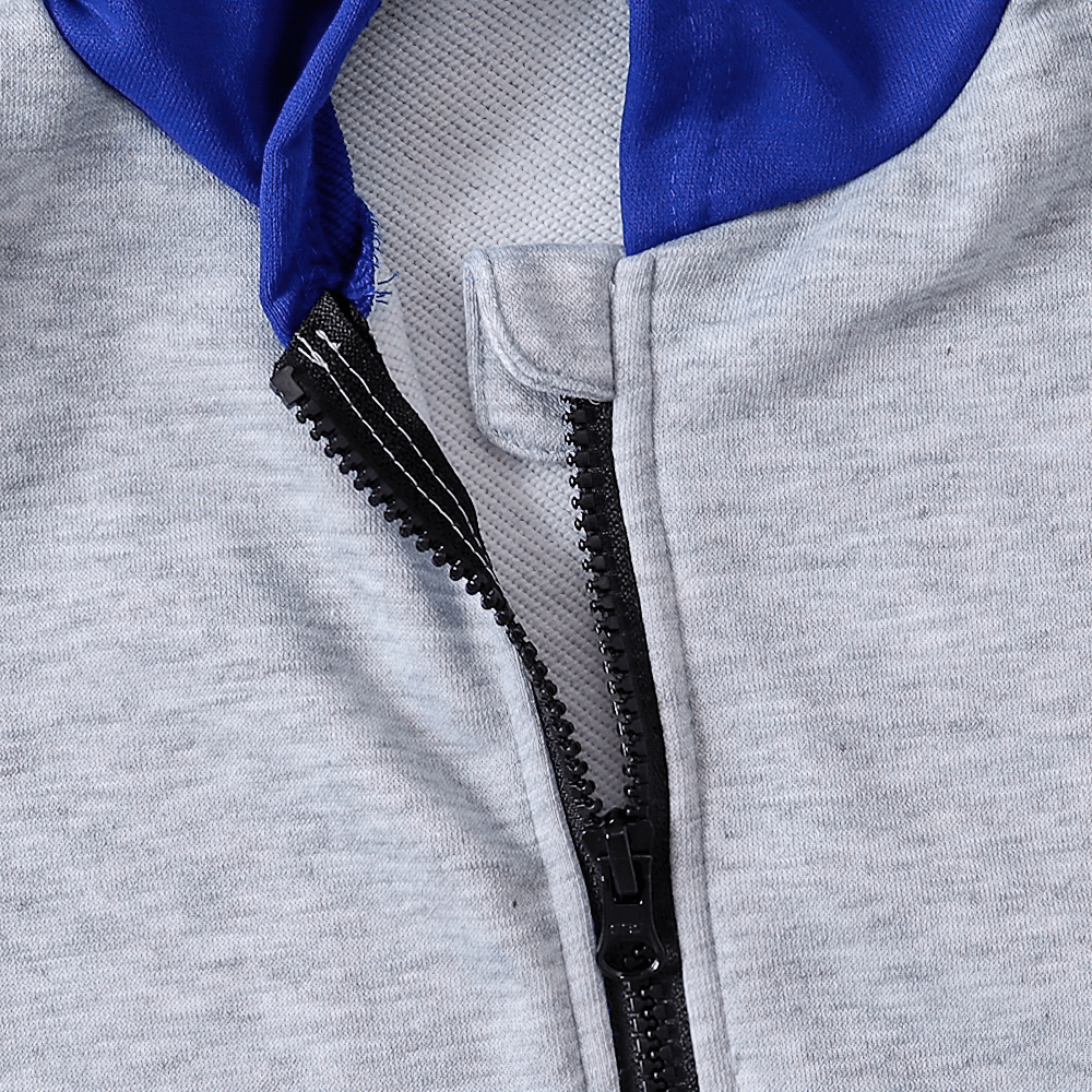 Close-up of Kid's Zip-up Hoodie with Contrast Sleeves - SF3666 showing zipper and blue hood lining.