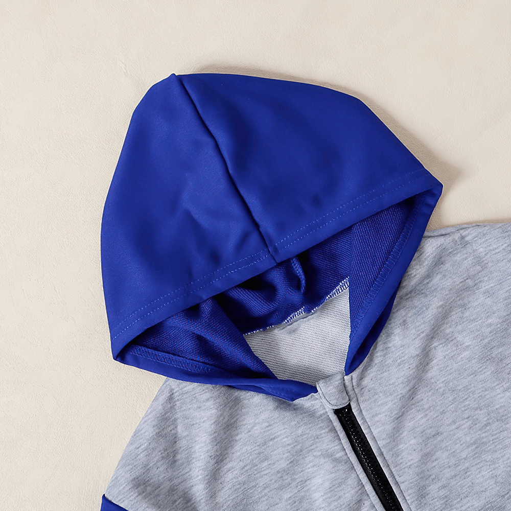 Kid's Zip-up Hoodie with Contrast Sleeves - SF3666 showing blue hood and gray fabric