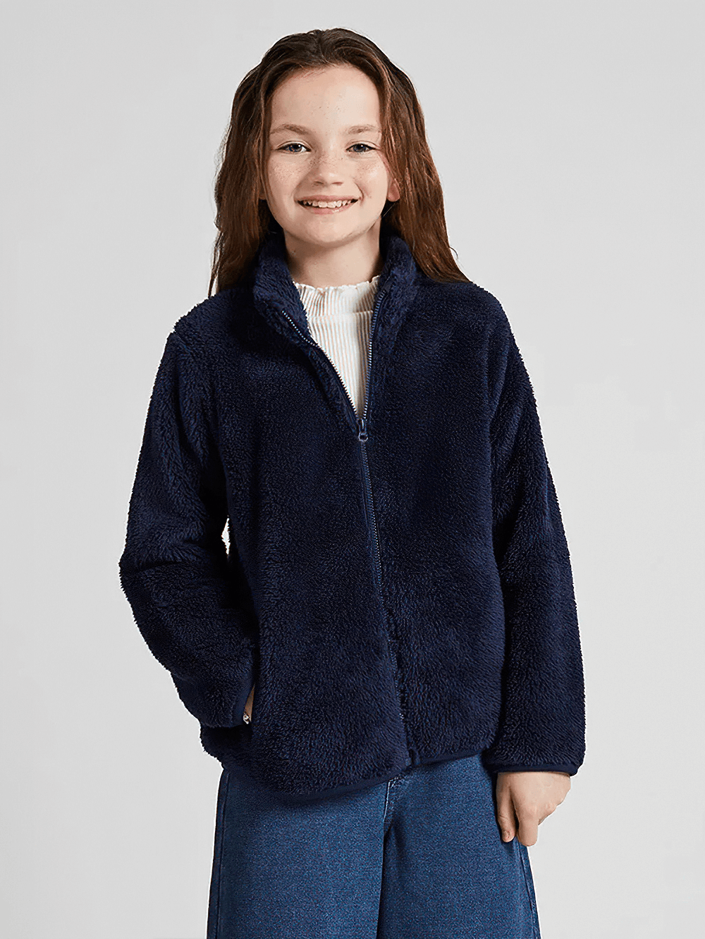 Smiling child wearing Kid's Zip-Up Polar Fleece Jackets That Keep Warm - SF3548 in navy blue, ideal for school and play.