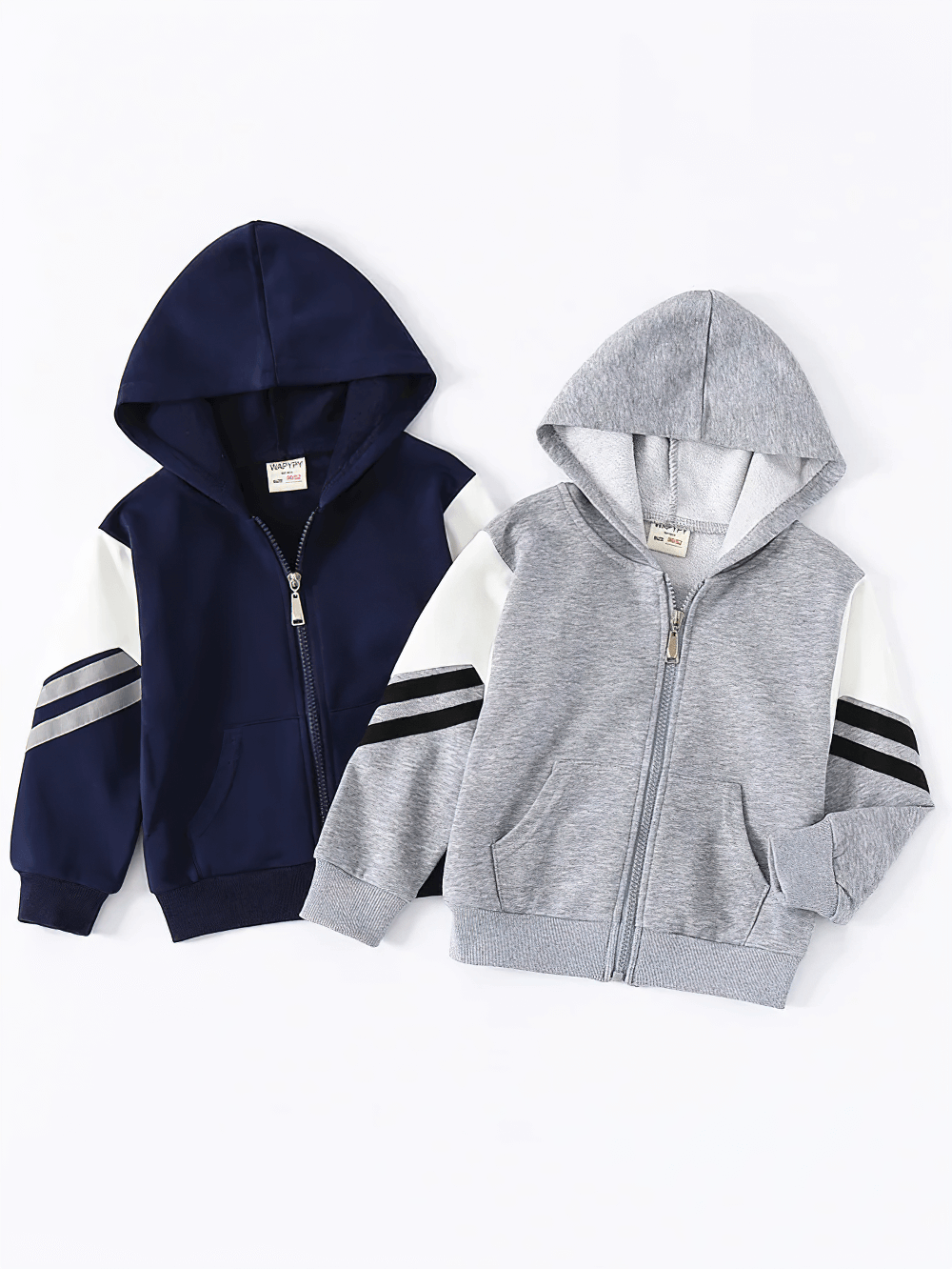 Two Kids Zipper Soft Hoodie with Striped Sleeves - SF3768 in blue and grey, showing sporty design and soft material.