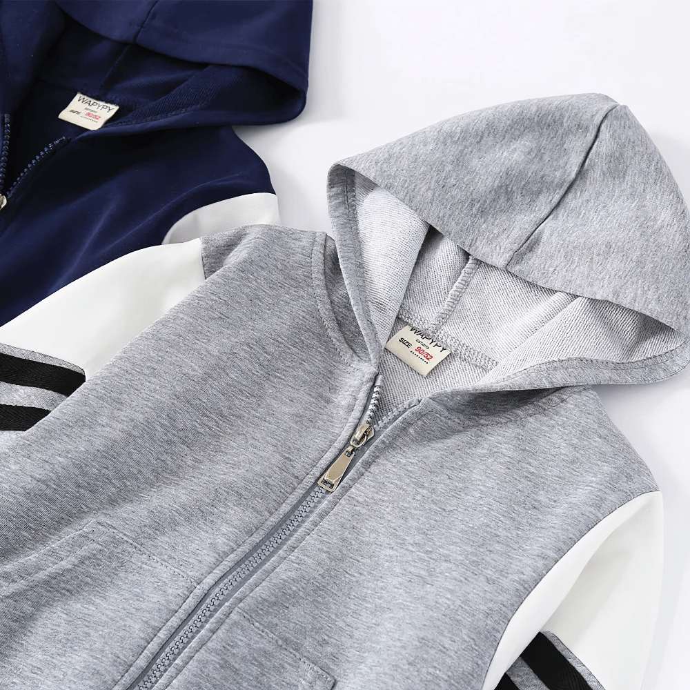 Kids Zipper Soft Hoodie with Striped Sleeves - SF3768 in grey and navy, featuring sporty design and soft hood for children's casual wear.