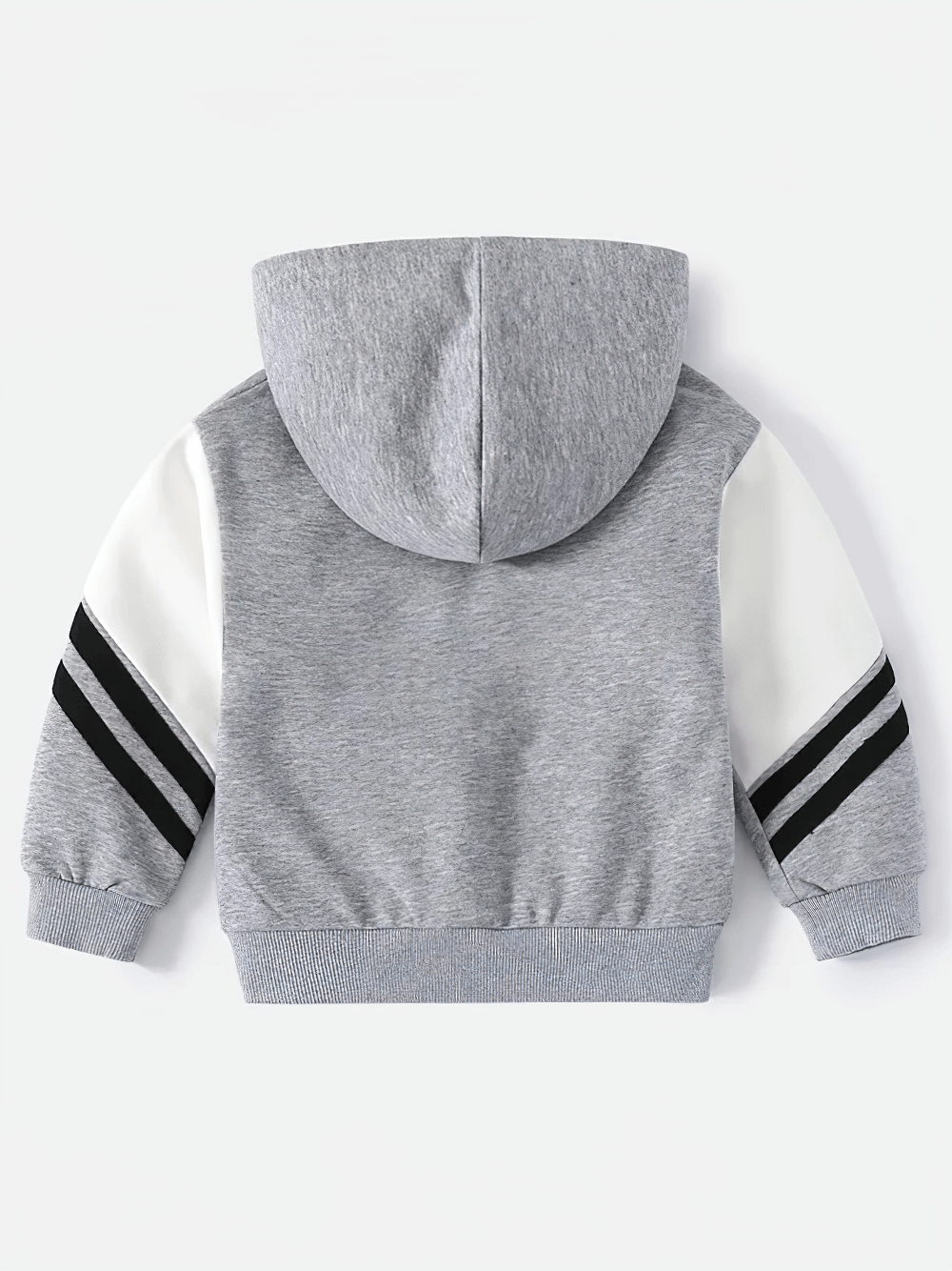 Back view of Kids Zipper Soft Hoodie with Striped Sleeves - SF3768 in grey with black stripes, perfect for outdoor play and school.