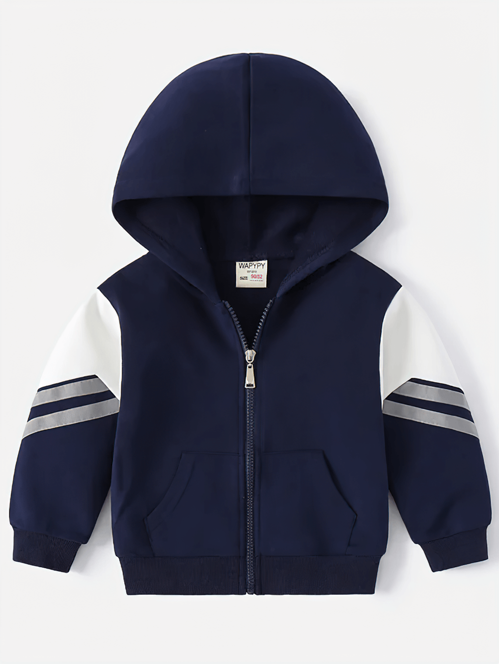 Kids Zipper Soft Hoodie with Striped Sleeves - SF3768, navy with white and gray stripes, sporty kids jacket with hood and front zip.