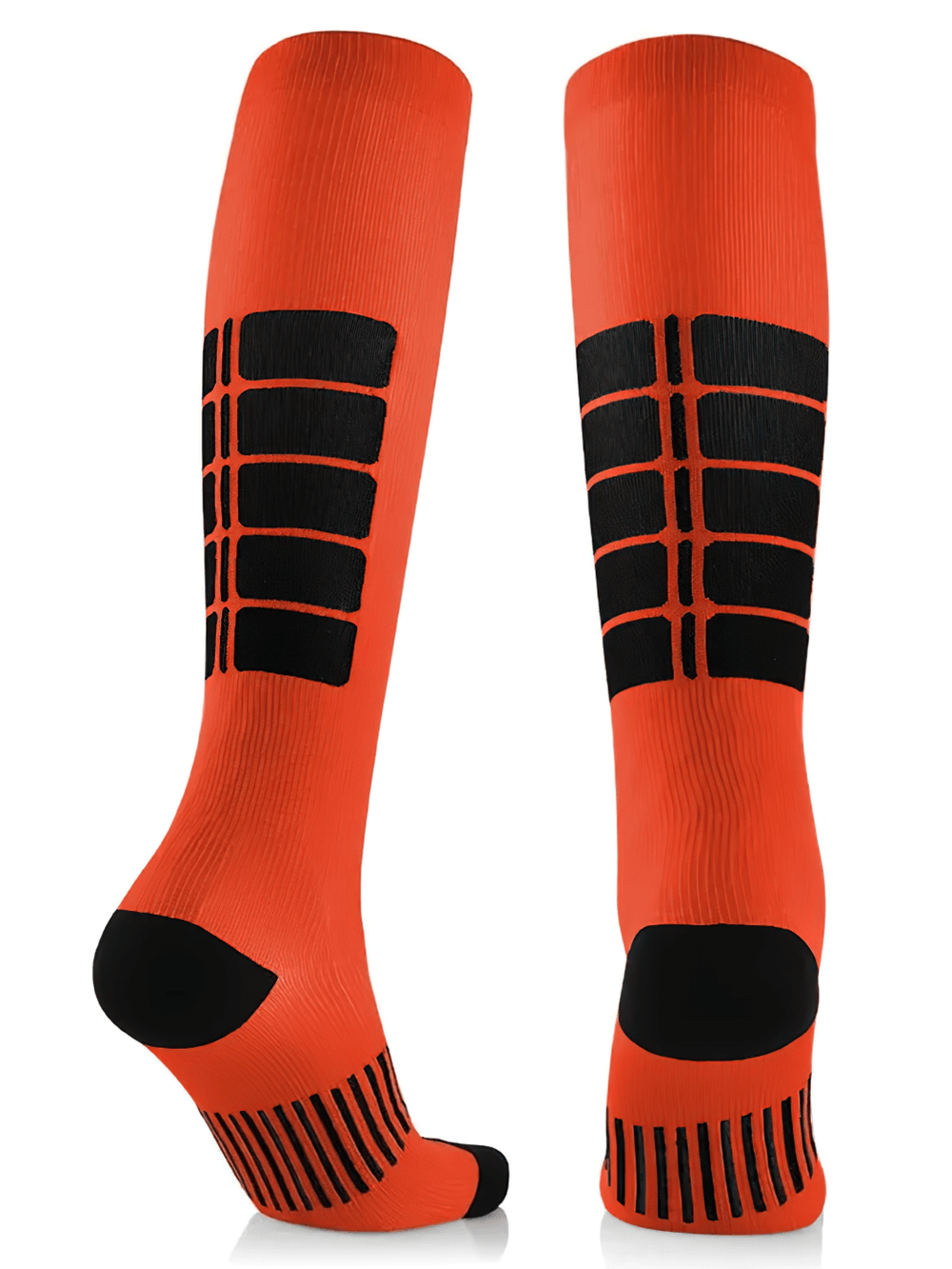 Bright orange knee-high sports socks with black cushioning, perfect for cycling, running, and boosting athletic performance.