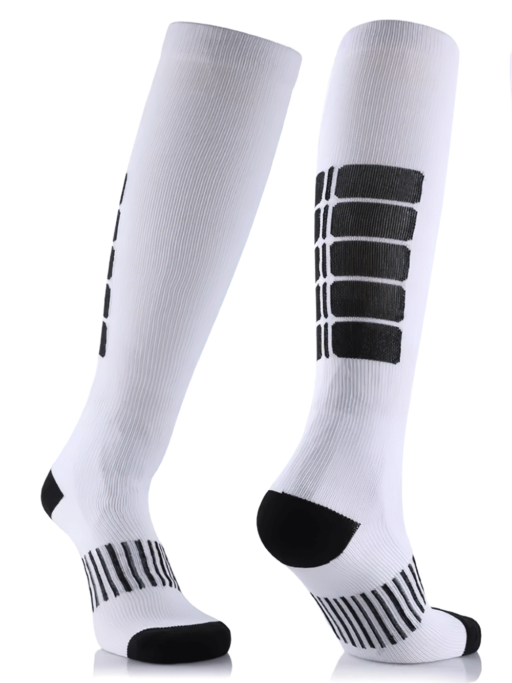 Knee-high white sports socks for cycling and running, featuring black accents for compression and performance enhancement.