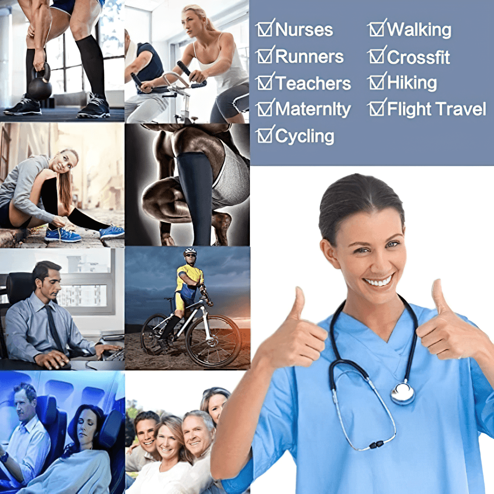 Collage of activities benefiting from compression knee-high sports socks including cycling, running, and other sports.