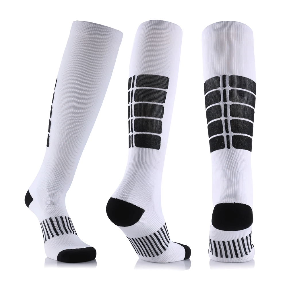 White knee-high sports compression socks for cycling, running, and various sports, enhancing performance and recovery. Model SF2238.