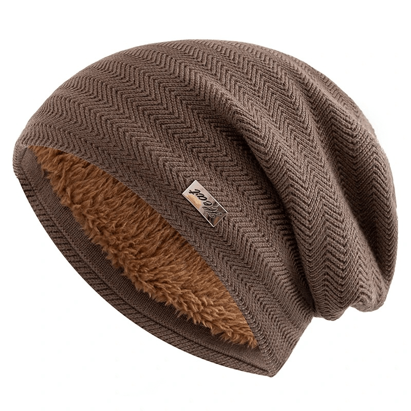 Unisex slouchy knit beanie with fur lining, brown color, warm winter hat for men and women, stylish casual wear, product code SF2414.