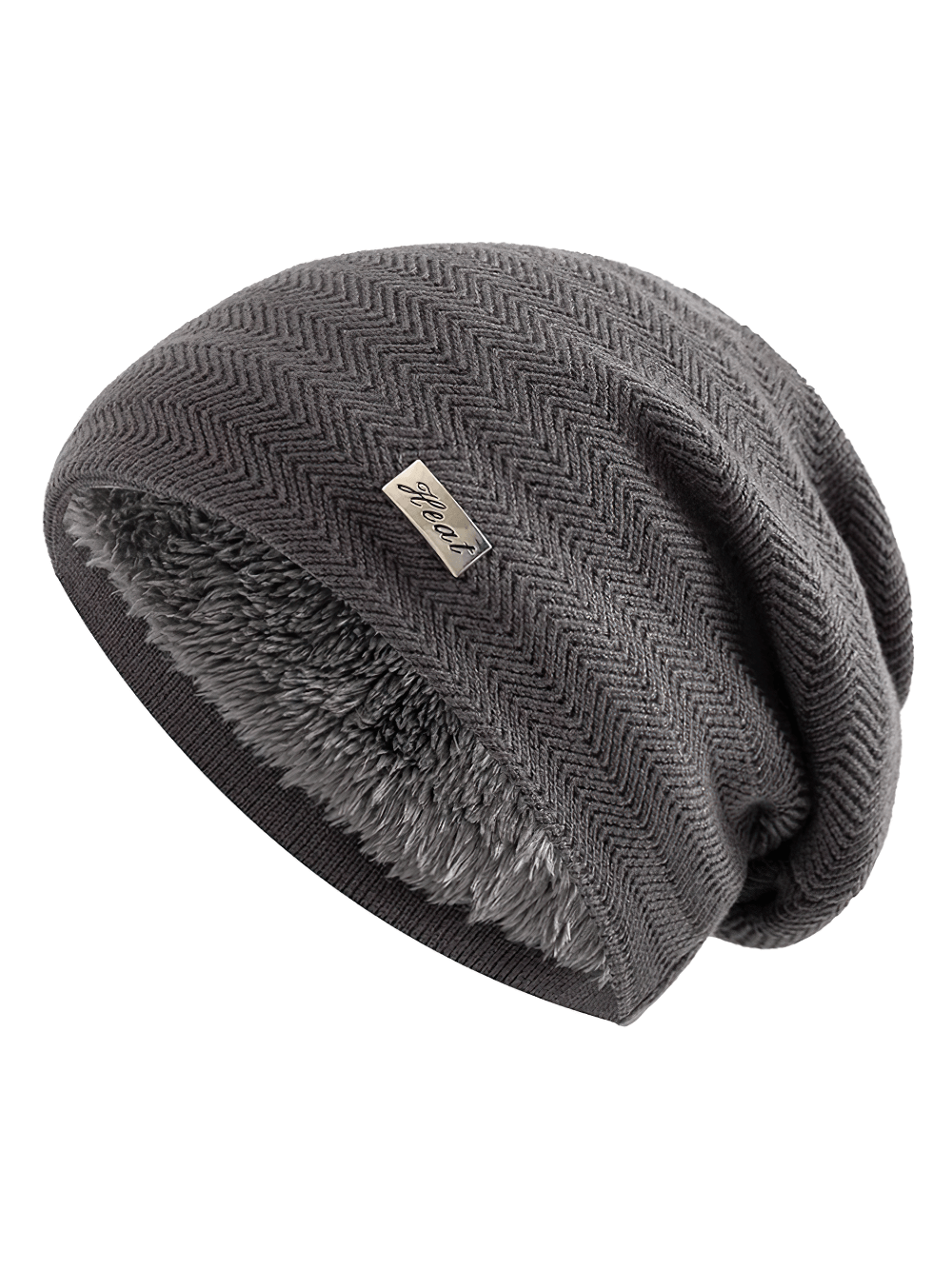 Unisex knit beanie with fur lining, warm and slouchy, featuring soft acrylic and trendy label, ideal for chilly winter days.