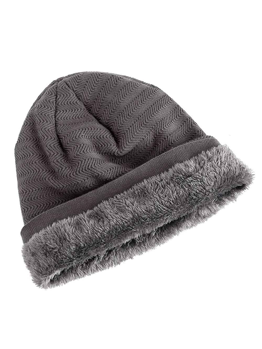 Cozy gray knit beanie with fur lining, unisex slouchy winter hat for men and women. Style SF2414 for chill-weather comfort.