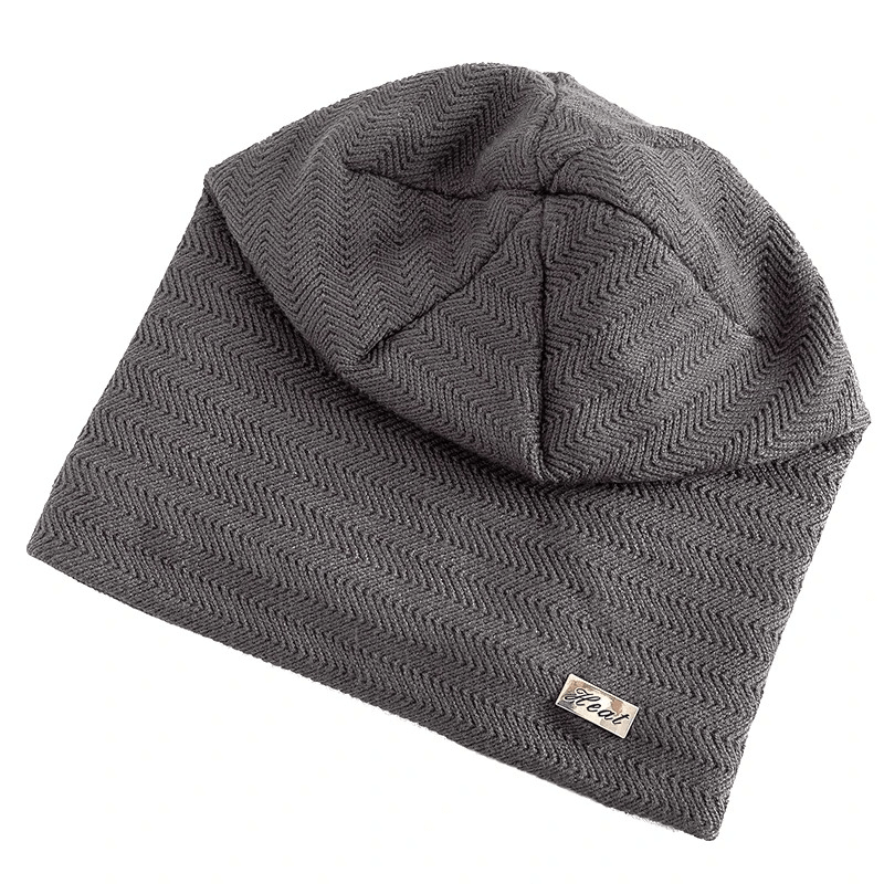 Gray knit beanie with fur lining for men and women, SF2414. Stylish slouchy winter hat ideal for casual outdoor wear.