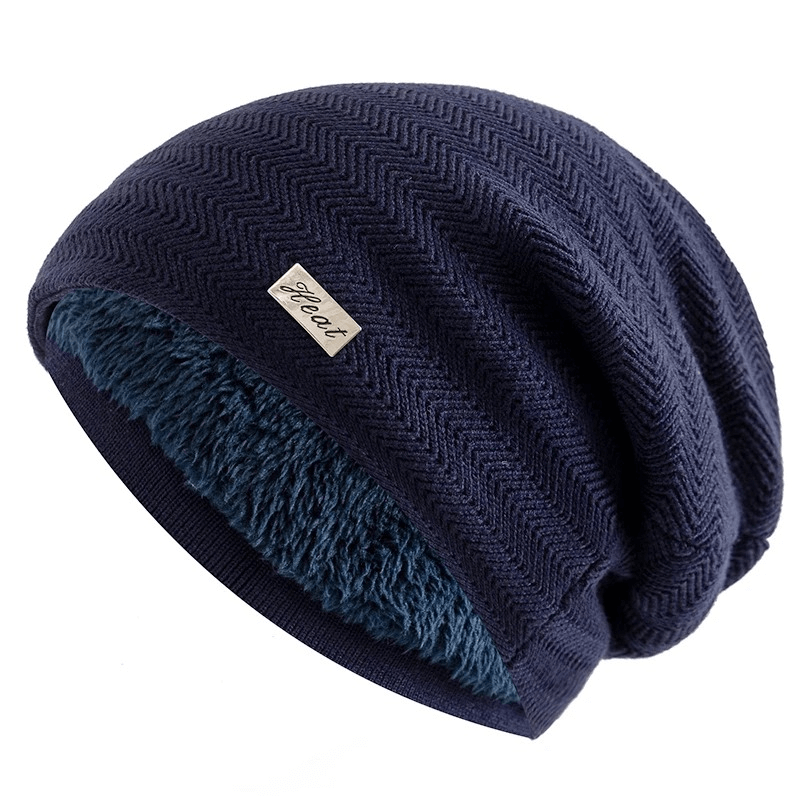 Navy knit beanie with fur lining for men and women, slouchy fit, zigzag pattern, and label decor - SF2414, warm winter hat.