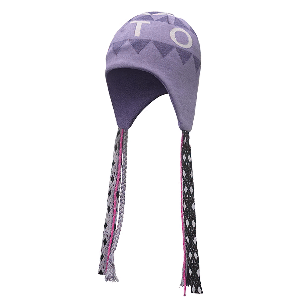 Purple knitted ski hat with ear flaps, stylish boho print, perfect for winter skiing adventure SF2498