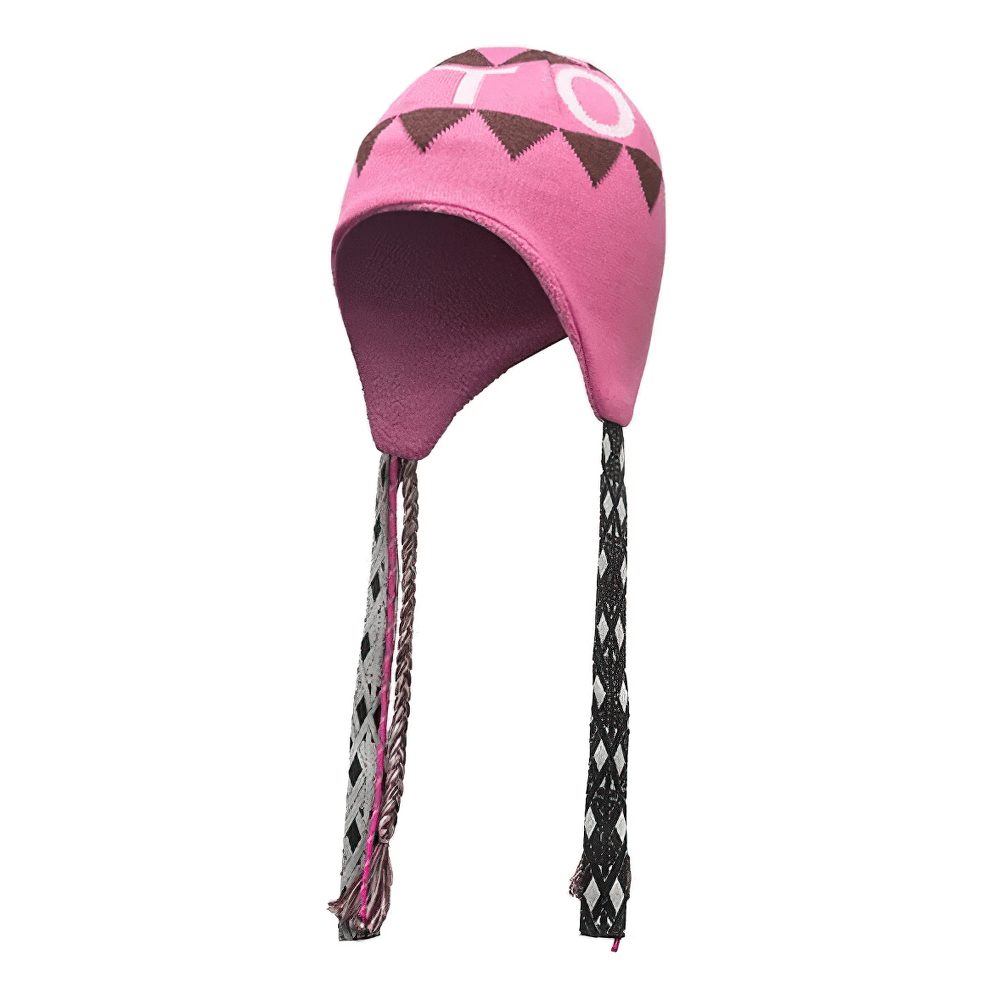 Knitted ski hat with ear flaps in pink featuring a stylish boho print, perfect for winter skiing and outdoor adventures. SF2498