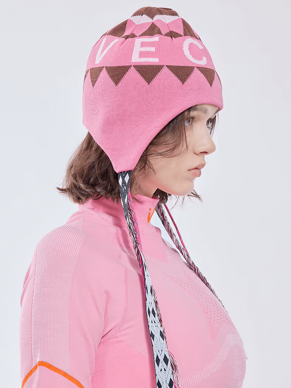 Knitted ski hat with ear flaps and stylish print, boho paddle protector, perfect for winter skiing fashion and outdoor sports, SF2498.