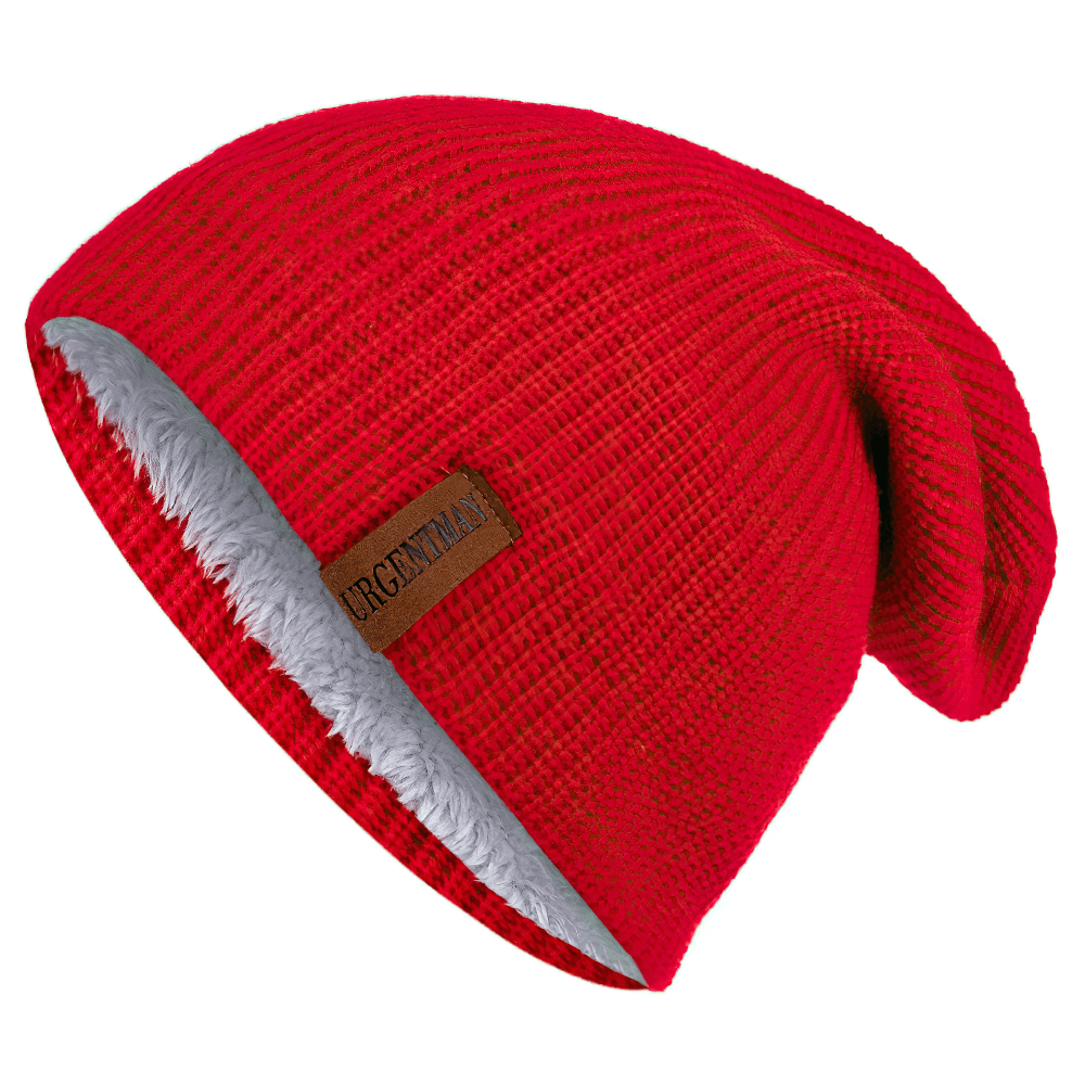 Vibrant red knitted winter beanie hat for unisex with cozy fur lining, perfect for outdoor adventures and ski trips – stay warm and stylish.