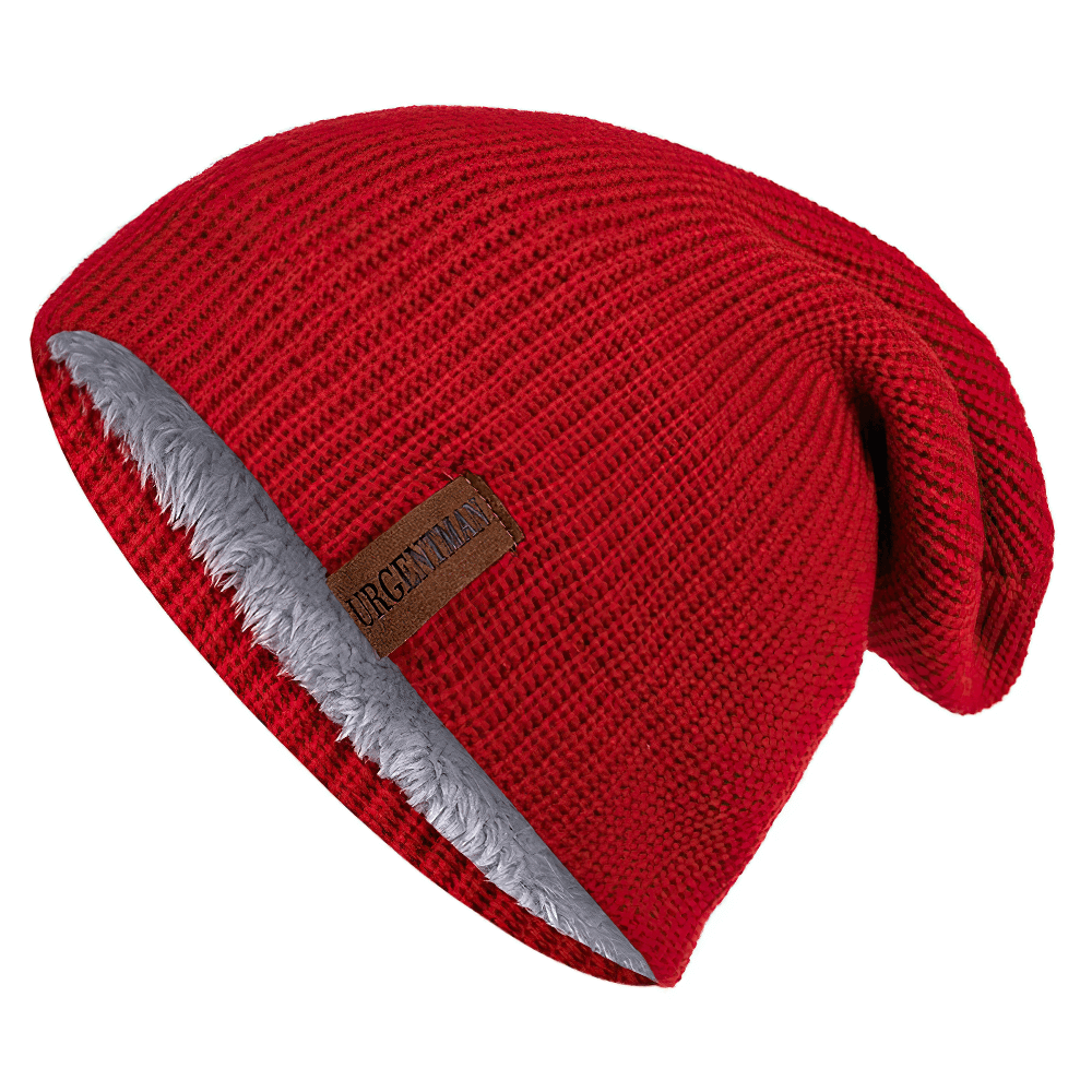 Unisex red knitted winter beanie hat with fur lining, perfect for outdoor adventures and ski trips, providing warmth and style, SF2419.