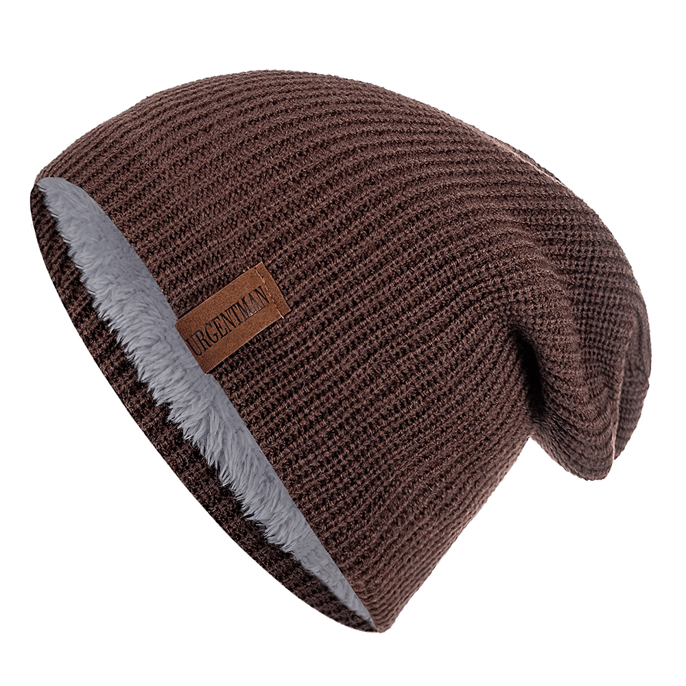 Warm brown knitted winter beanie hat with fur lining, unisex design for casual outdoor wear and ski trips, durable acrylic material.