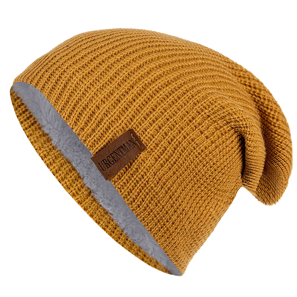 Knitted unisex winter beanie hat with warm fur lining in mustard yellow, perfect for skiing and outdoor adventures, style code SF2419.