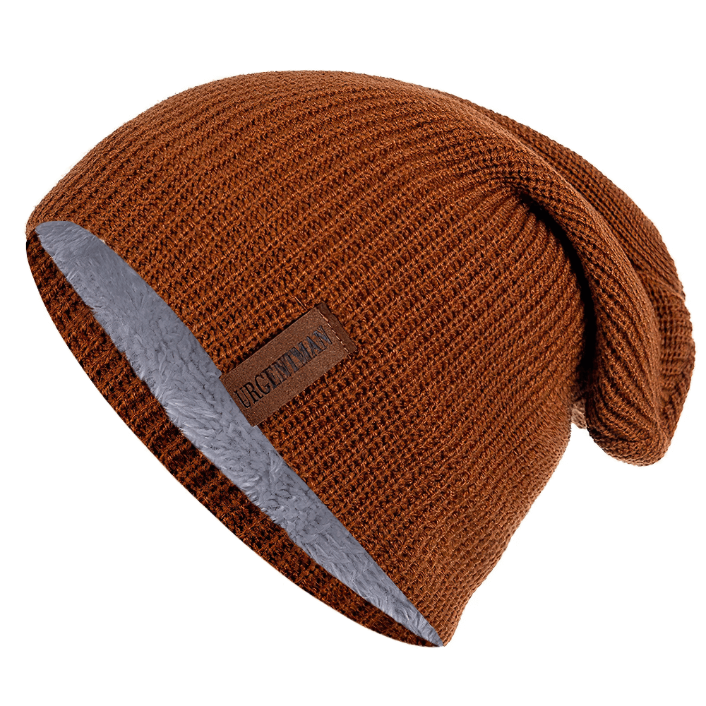 Unisex knitted winter beanie hat with fur lining, perfect for outdoor adventures and ski trips. Stylish brown acrylic ski bonnet SF2419.