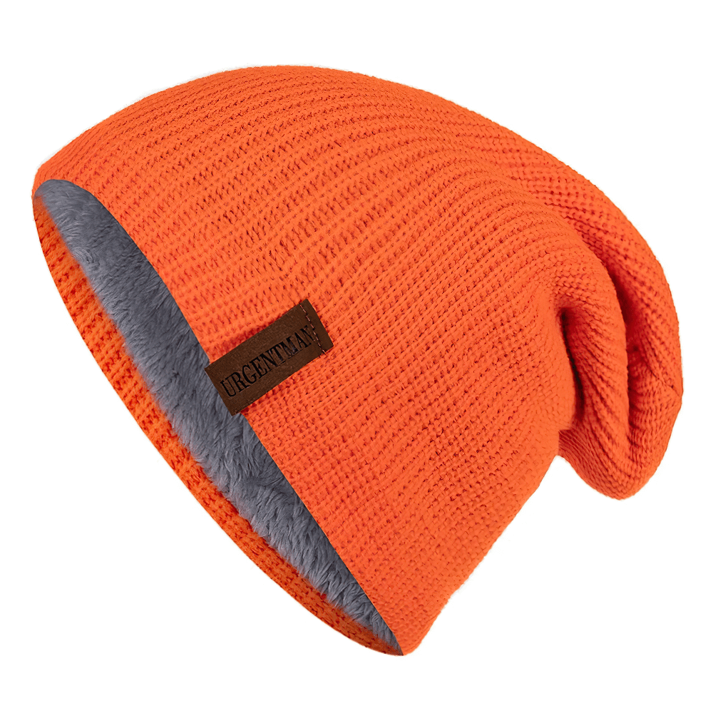 Orange knitted winter beanie hat with fur lining, unisex design, warm acrylic for ski and outdoor adventures, style SF2419.