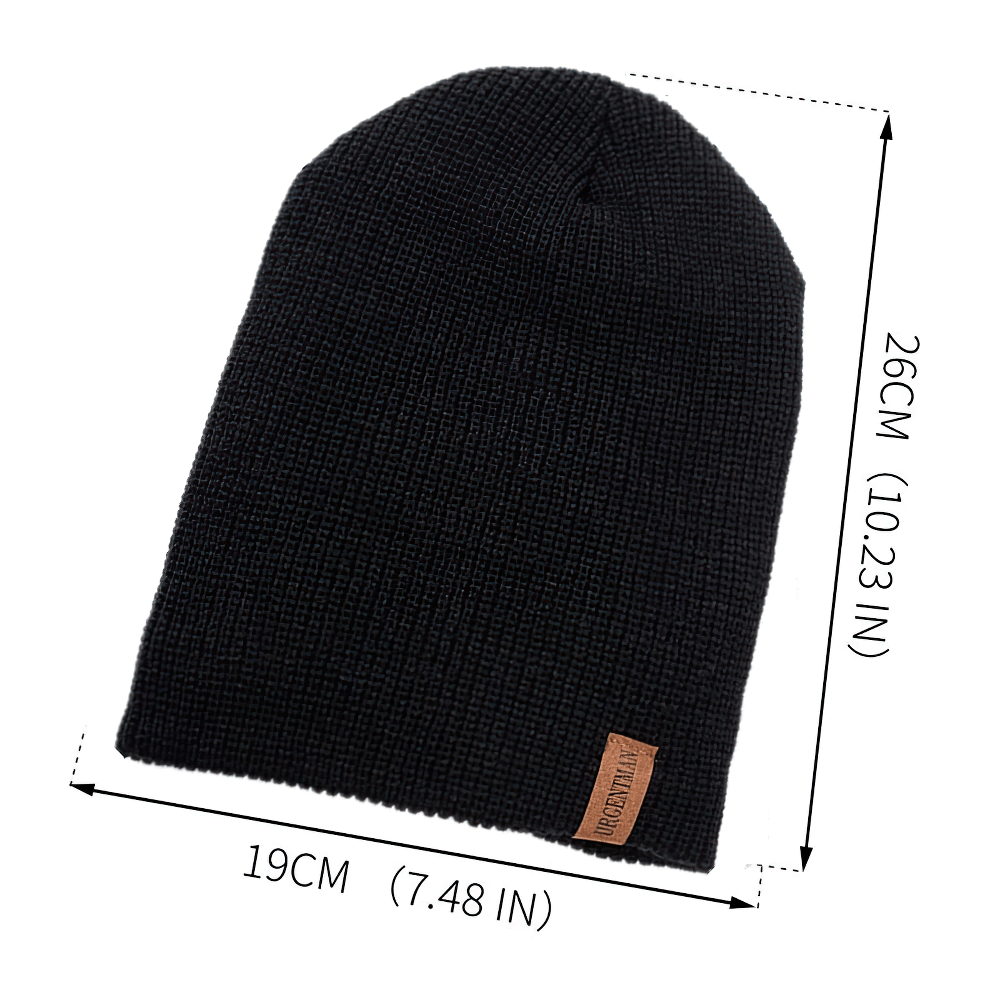 Knitted unisex black beanie hat with fur lining, 26cm x 19cm, shown on white background for winter wear and outdoor adventures.