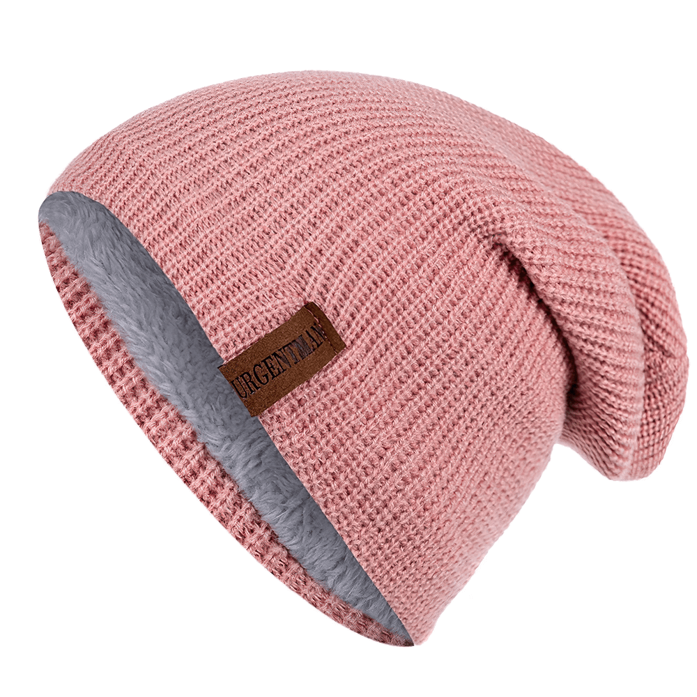 Warm pink knitted beanie hat with soft fur lining, perfect for winter fashion and outdoor activities for men and women.