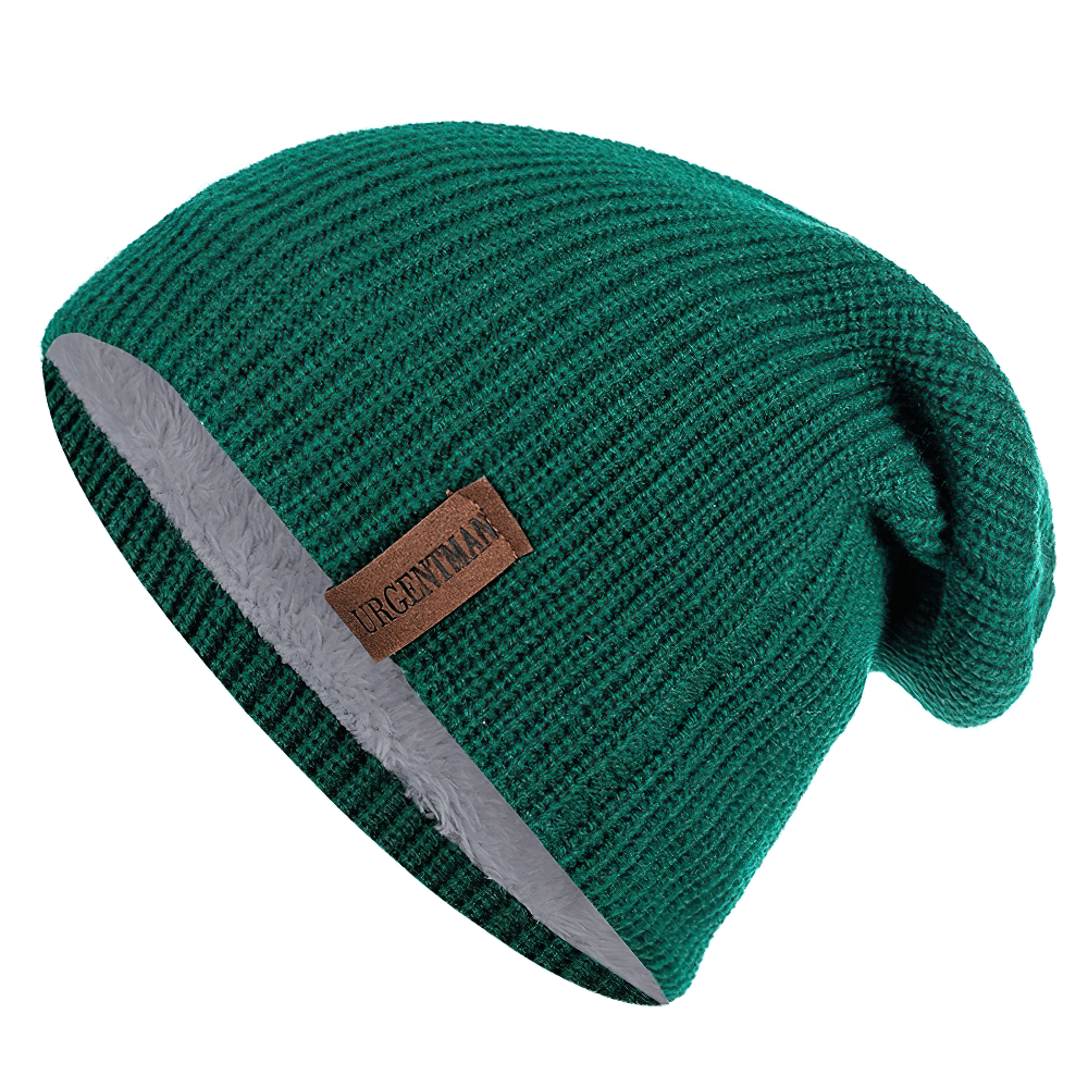 Green fur-lined unisex knitted beanie, warm acrylic winter hat, perfect for casual wear and ski trips with soft insulation.