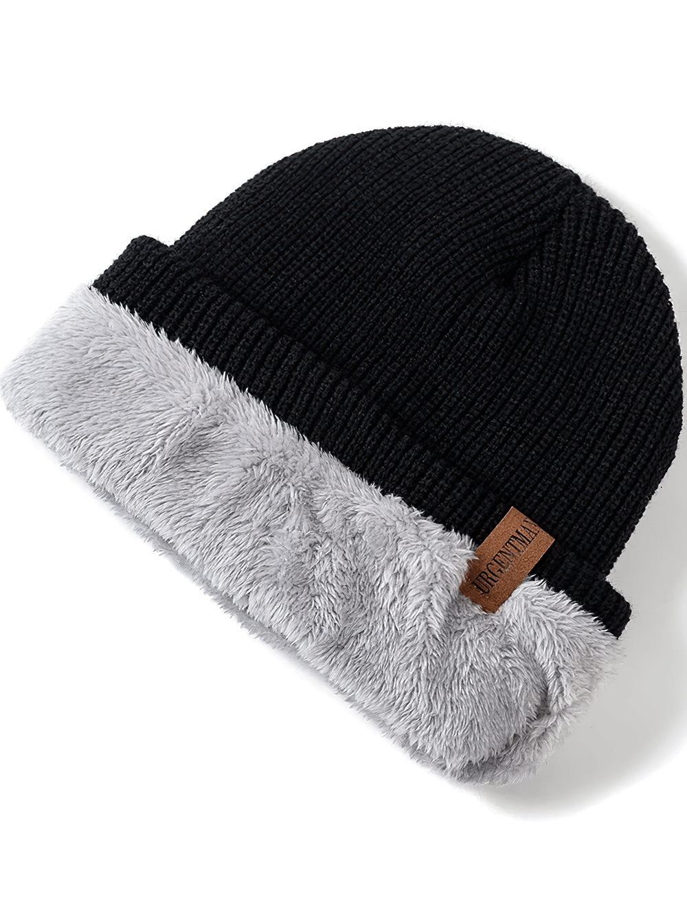 Unisex fur-lined knitted winter beanie in black with soft gray lining, ideal for warmth and style in outdoor adventures and ski trips.