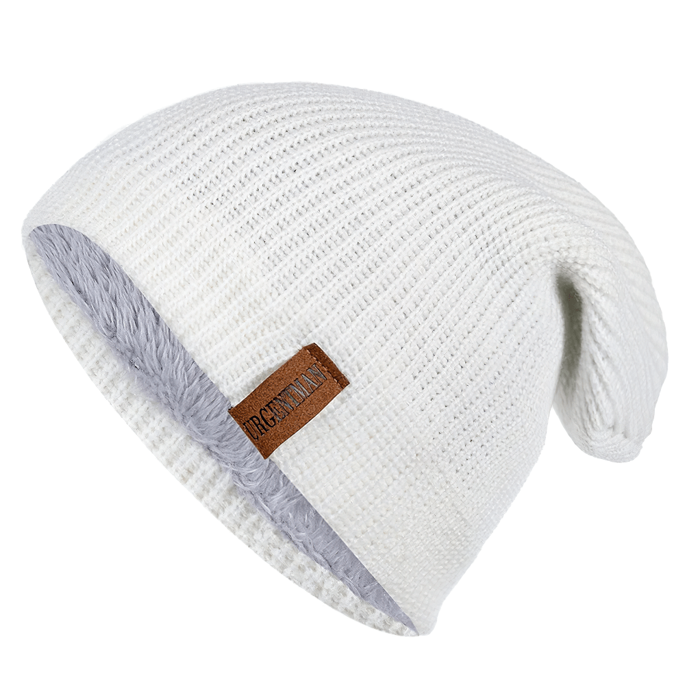 Unisex fur-lined white knitted winter beanie hat SF2419, perfect for warmth and style in cold weather. Ideal for ski trips and outdoor adventures.