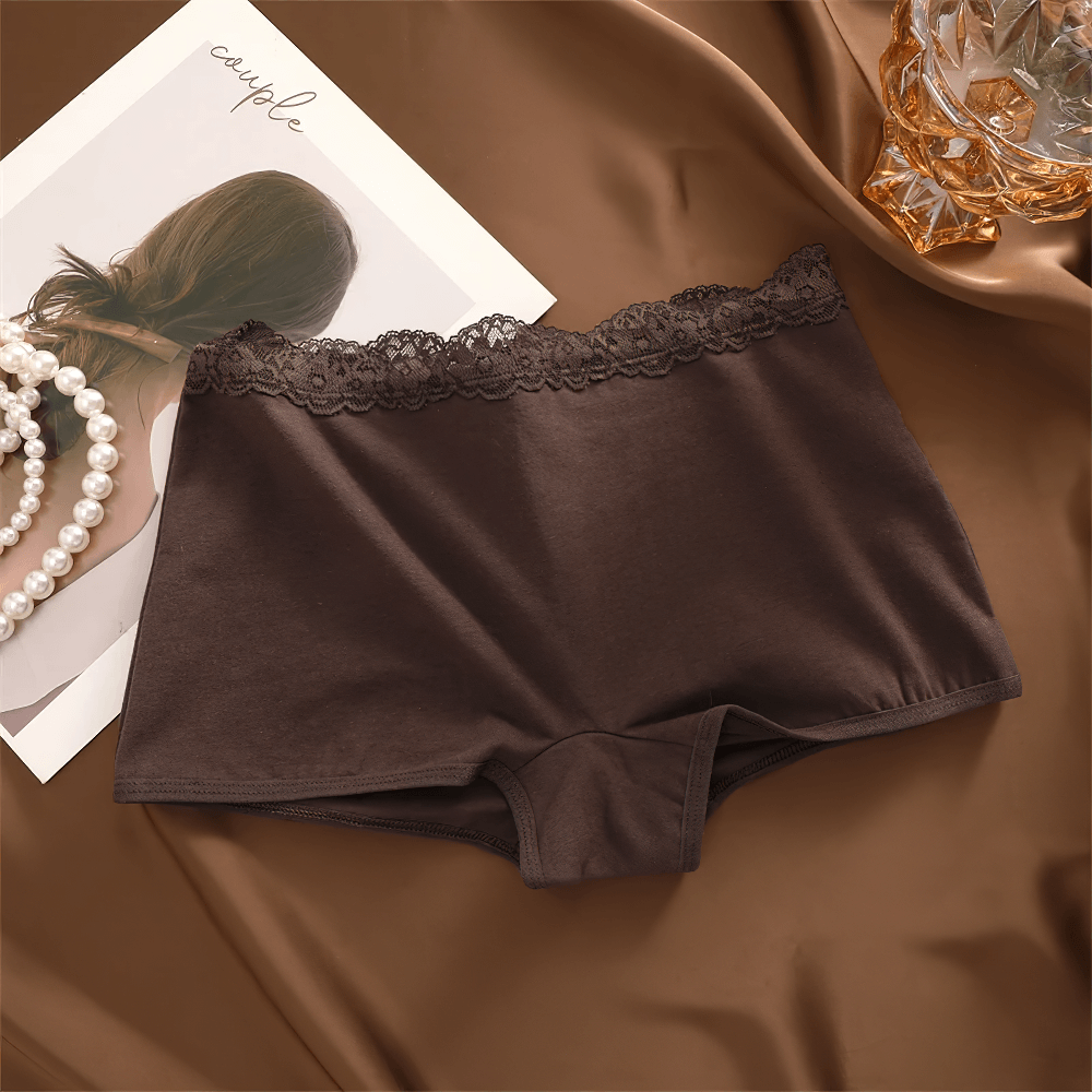 Elegant lace trim boyshort panties in breathable cotton, perfect for everyday wear. Soft, stretchy, and stylish design.