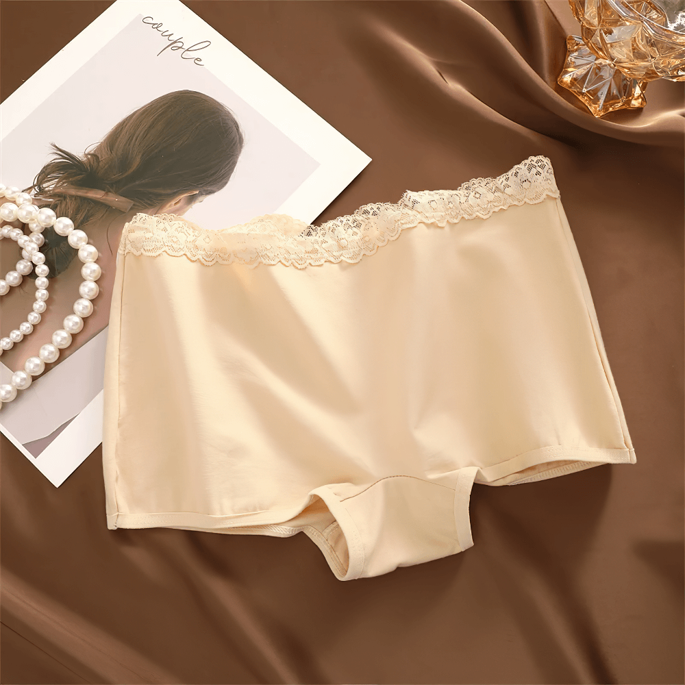 Lace trim boyshort panties in beige on satin, featuring a soft, stretchy fit and breathable fabric with elegant lace detailing. Perfect for everyday wear.