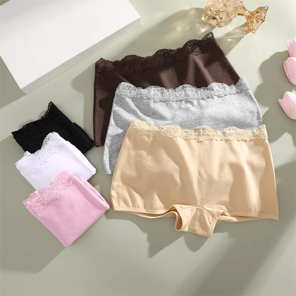 Colorful lace-trim boyshort panties in breathable cotton blend, showcasing full coverage and elegant design for everyday wear.