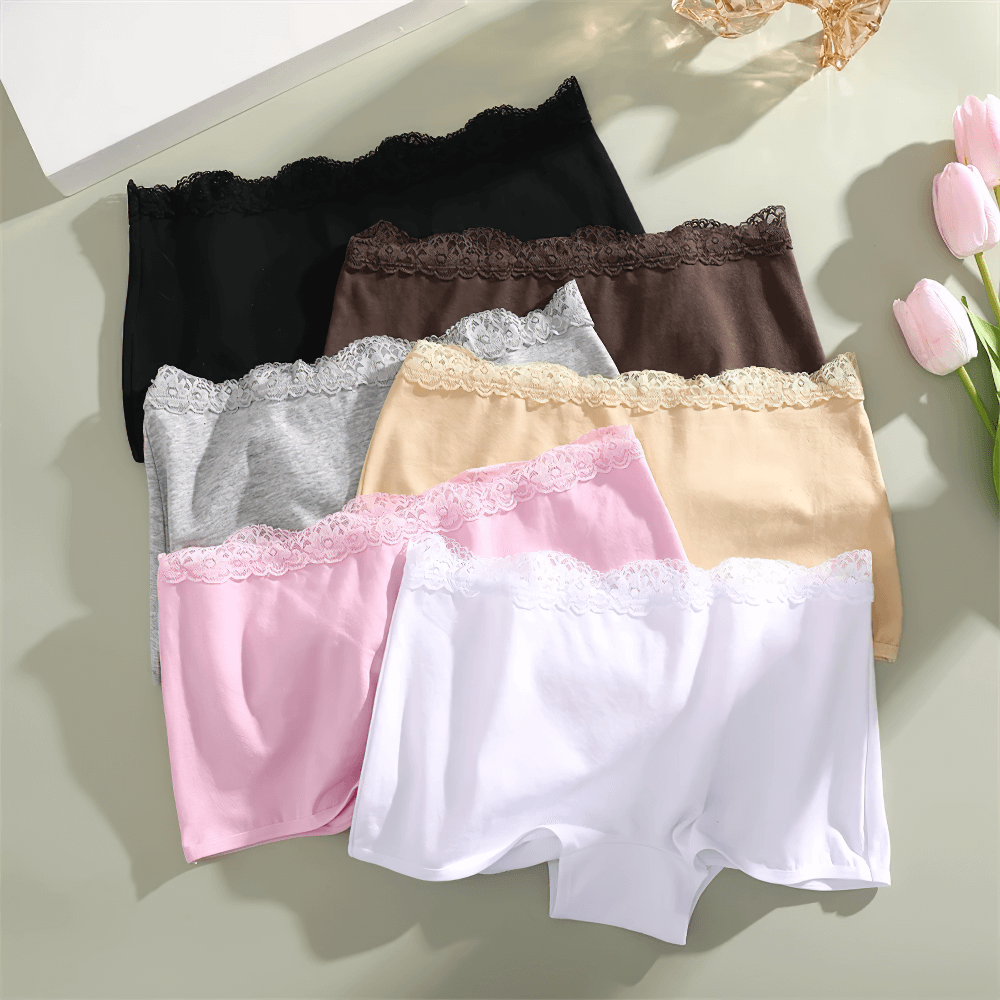 Lace Trim Boyshort Panties in multiple colors, featuring breathable cotton, soft and stretchy fabric, perfect for everyday wear.