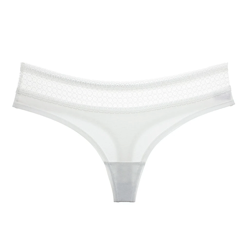 Lace Trim Low Rise Seamless Thong Underwear - Soft Stretchy Lace Waistband for Women, SF2525, in white, front view.